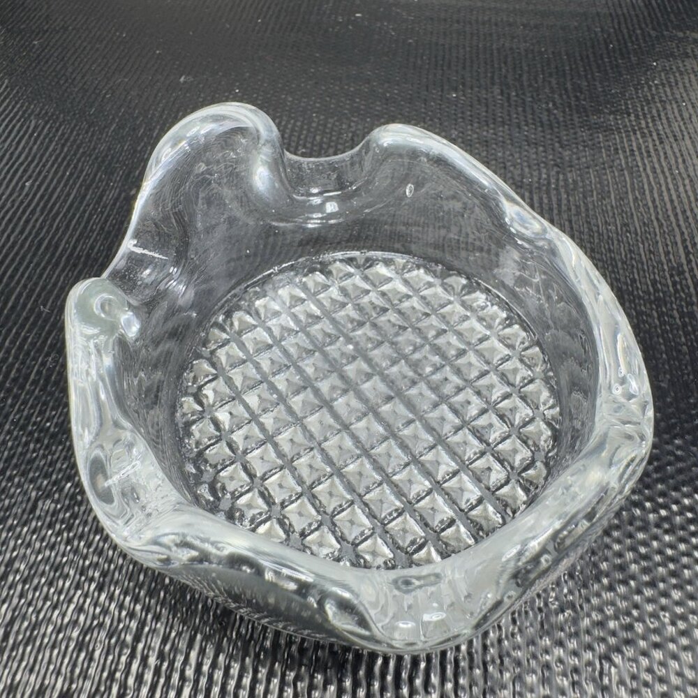 Vintage MCM Clear Glass Trinket Dish Ashtray Waffle Bottom Decorative Dish Plate